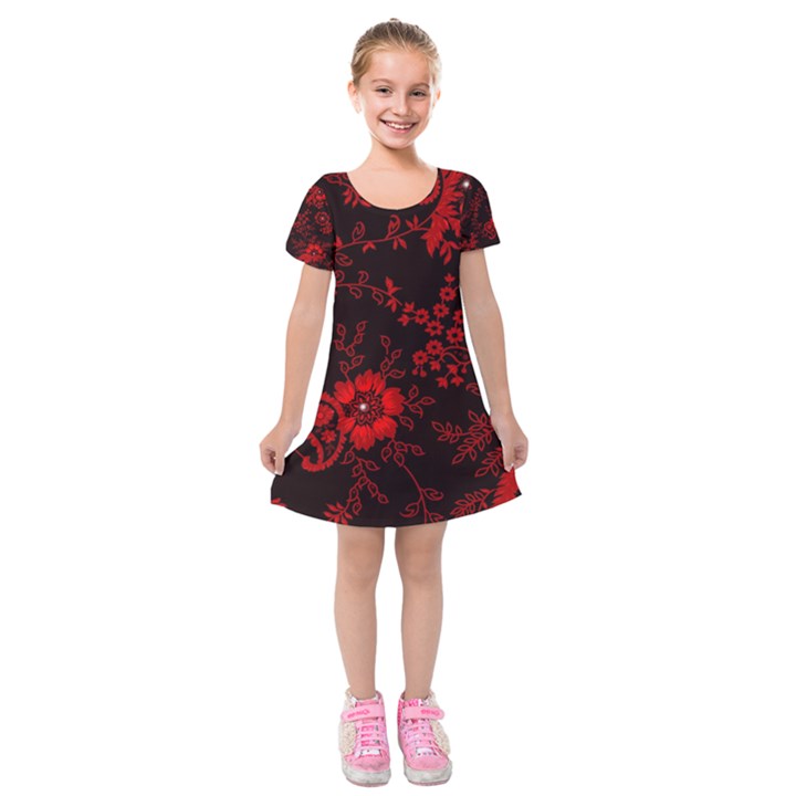 Small Red Roses Kids  Short Sleeve Velvet Dress