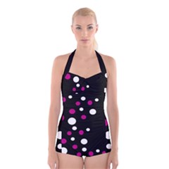 Pink And White Dots Boyleg Halter Swimsuit  by Valentinaart