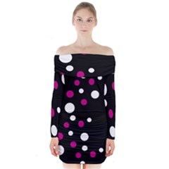 Pink And White Dots Long Sleeve Off Shoulder Dress by Valentinaart