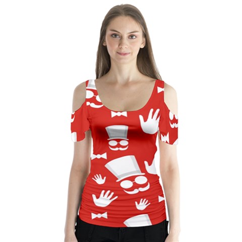 Gentlemen - Red And White Pattern Butterfly Sleeve Cutout Tee  by Valentinaart