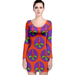 Christmas Candles Seamless Pattern Long Sleeve Velvet Bodycon Dress