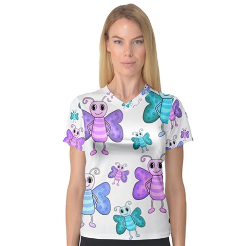 Cute Butterflies Pattern Women s V-neck Sport Mesh Tee by Valentinaart