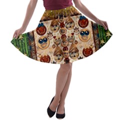 Festive Cartoons In Star Fall A-line Skater Skirt