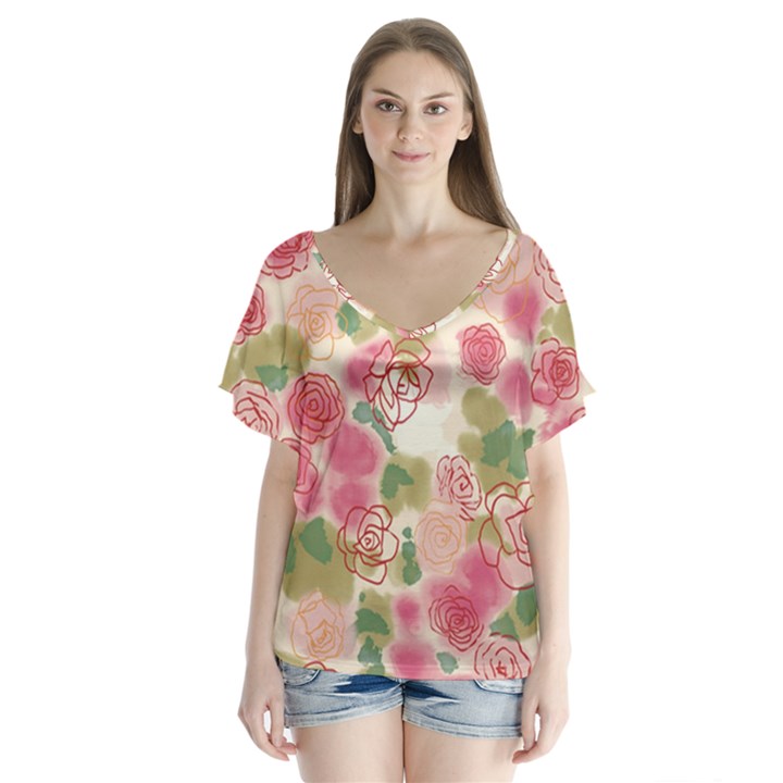 Aquarelle pink flower  Flutter Sleeve Top