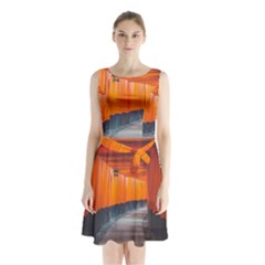 Architecture Art Bright Color Sleeveless Chiffon Waist Tie Dress