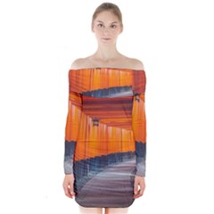 Architecture Art Bright Color Long Sleeve Off Shoulder Dress