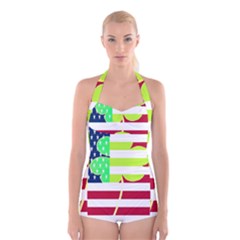 Usa Ireland American Flag Shamrock Irish Funny St Patrick Country Flag  Boyleg Halter Swimsuit  by yoursparklingshop