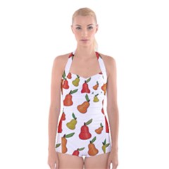 Decorative Pears Pattern Boyleg Halter Swimsuit 