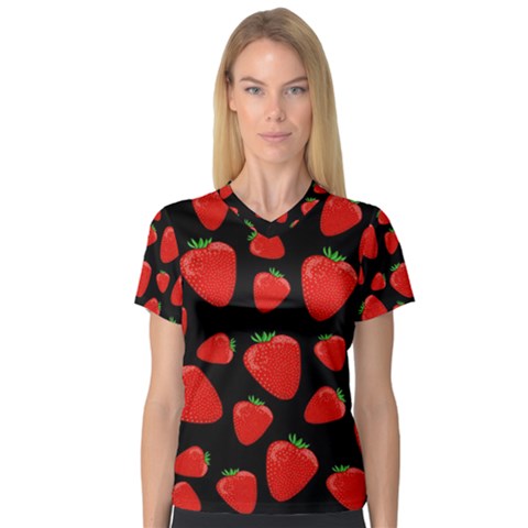 Strawberries Pattern Women s V-neck Sport Mesh Tee by Valentinaart