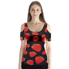 Strawberries Pattern Butterfly Sleeve Cutout Tee 