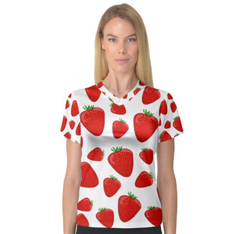 Decorative Strawberries Pattern Women s V-neck Sport Mesh Tee by Valentinaart