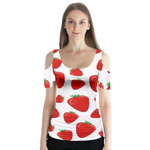 Decorative Strawberries Pattern Butterfly Sleeve Cutout Tee  by Valentinaart