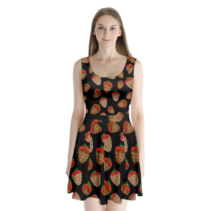 Chocolate strawberries pattern Split Back Mini Dress 