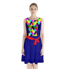 Harlequine Black And Bright Pastel Pattern Sleeveless Chiffon Waist Tie Dress