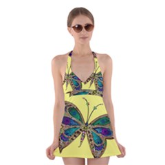 Butterfly Mosaic Yellow Colorful Halter Swimsuit Dress