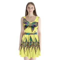 Butterfly Mosaic Yellow Colorful Split Back Mini Dress 