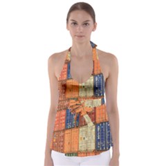 Blue White Orange And Brown Container Van Babydoll Tankini Top