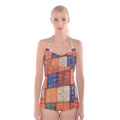 Blue White Orange And Brown Container Van Boyleg Halter Swimsuit 