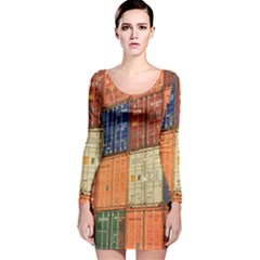 Blue White Orange And Brown Container Van Long Sleeve Velvet Bodycon Dress by Amaryn4rt