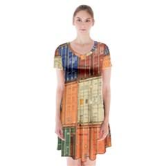 Blue White Orange And Brown Container Van Short Sleeve V-neck Flare Dress