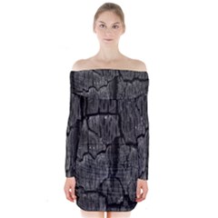 Coal Charred Tree Pore Black Long Sleeve Off Shoulder Dress