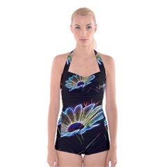 Flower Pattern Design Abstract Background Boyleg Halter Swimsuit 