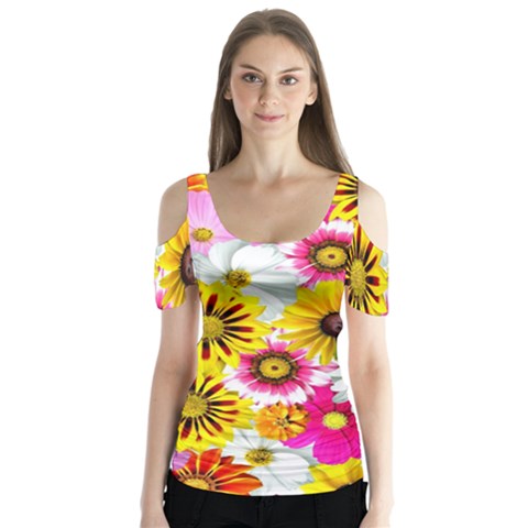 Flowers Blossom Bloom Nature Plant Butterfly Sleeve Cutout Tee  by Amaryn4rt