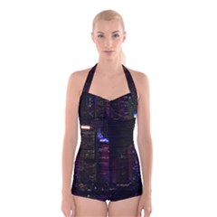 Hong Kong China Asia Skyscraper Boyleg Halter Swimsuit 