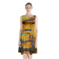 London Tower Abstract Bridge Sleeveless Chiffon Waist Tie Dress