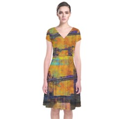 London Tower Abstract Bridge Short Sleeve Front Wrap Dress by Amaryn4rt