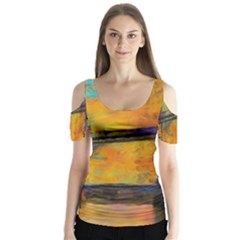 London Tower Abstract Bridge Butterfly Sleeve Cutout Tee 