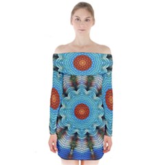 Pattern Blue Brown Background Long Sleeve Off Shoulder Dress