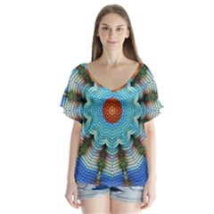 Pattern Blue Brown Background Flutter Sleeve Top