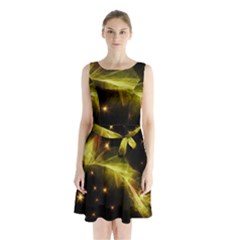 Particles Vibration Line Wave Sleeveless Chiffon Waist Tie Dress