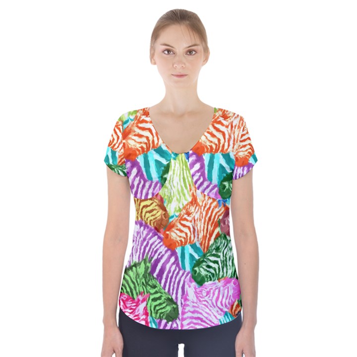 Zebra Colorful Abstract Collage Short Sleeve Front Detail Top