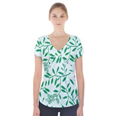 Leaves Foliage Green Wallpaper Short Sleeve Front Detail Top