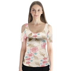 Background Page Template Floral Butterfly Sleeve Cutout Tee 