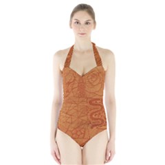 Burnt Amber Orange Brown Abstract Halter Swimsuit by Amaryn4rt