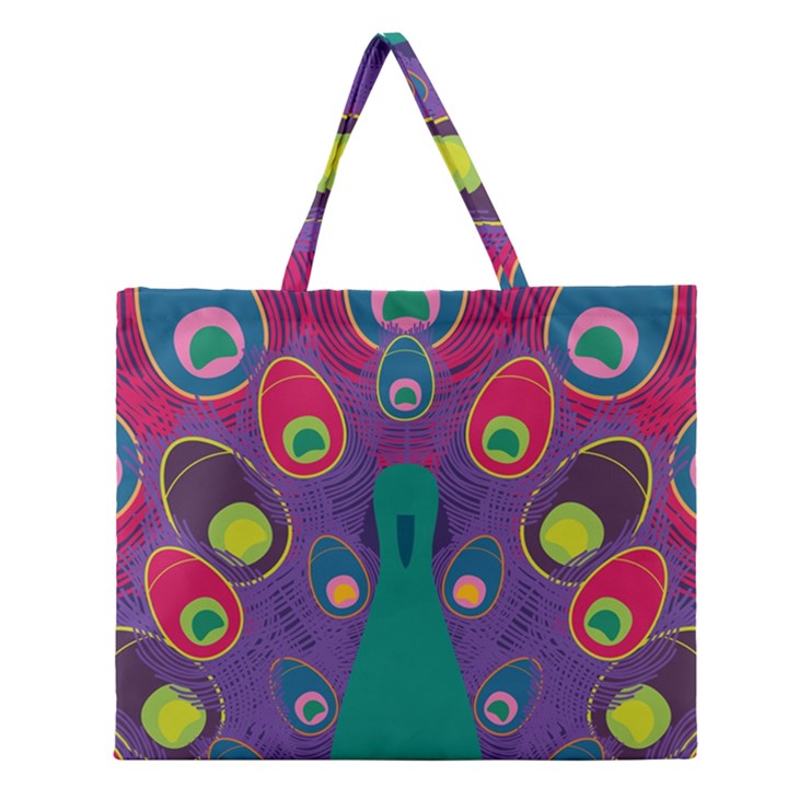 Peacock Bird Animal Feathers Zipper Large Tote Bag