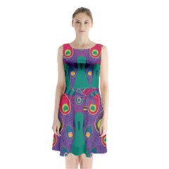 Peacock Bird Animal Feathers Sleeveless Chiffon Waist Tie Dress