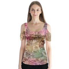 Texture Background Spring Colorful Butterfly Sleeve Cutout Tee 