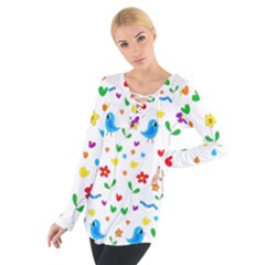 Cute Birds And Flowers Pattern Women s Tie Up Tee by Valentinaart