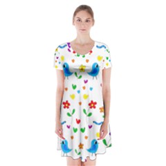 Cute Birds And Flowers Pattern Short Sleeve V-neck Flare Dress