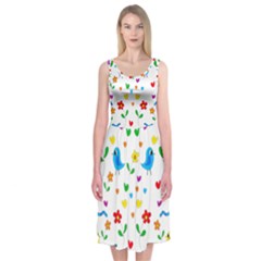 Cute Birds And Flowers Pattern Midi Sleeveless Dress