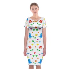 Cute Birds And Flowers Pattern Classic Short Sleeve Midi Dress