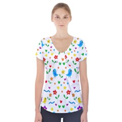 Cute Birds And Flowers Pattern Short Sleeve Front Detail Top