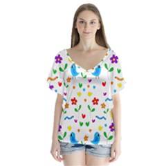 Cute Birds And Flowers Pattern Flutter Sleeve Top