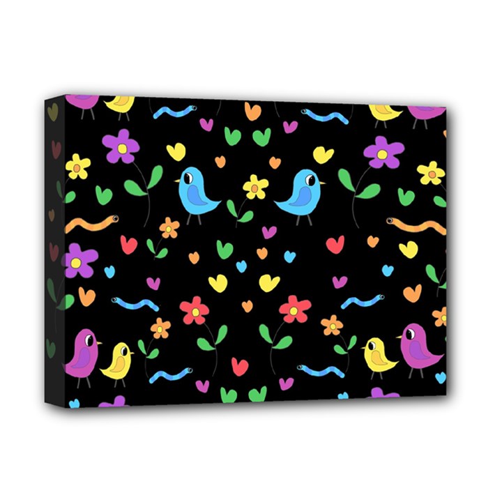 Cute birds and flowers pattern - black Deluxe Canvas 16  x 12  