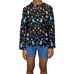 Cute Birds And Flowers Pattern - Black Kids  Long Sleeve Swimwear by Valentinaart