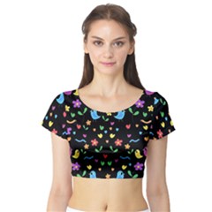 Cute Birds And Flowers Pattern - Black Short Sleeve Crop Top (tight Fit) by Valentinaart